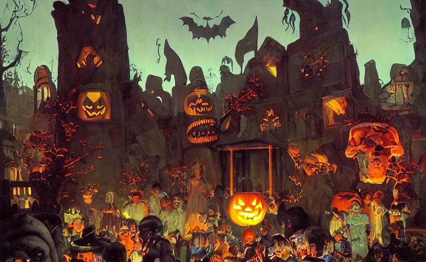 Image similar to halloween scene in a suburban neighborhood, surrounded by ancient monoliths with glowing runes. highly detailed science fiction painting by norman rockwell, frank frazetta, and syd mead. rich colors, high contrast, gloomy atmosphere, dark background. trending on artstation