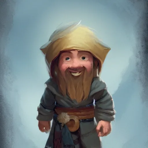 Prompt: Portrait of a young happy gnome with long hair called Eldon, without a beard, who is a very young wizard that studied at the School of Abjuration, DnD, art by argerm and greg rutkowski, trending on artstation.