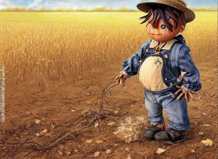 Prompt: a cute short scarecrow with a straw hat in overalls walking on a dirt road next to a large corn field, children's book by tom lovell, ross tran, terry redlin, jean baptiste monge