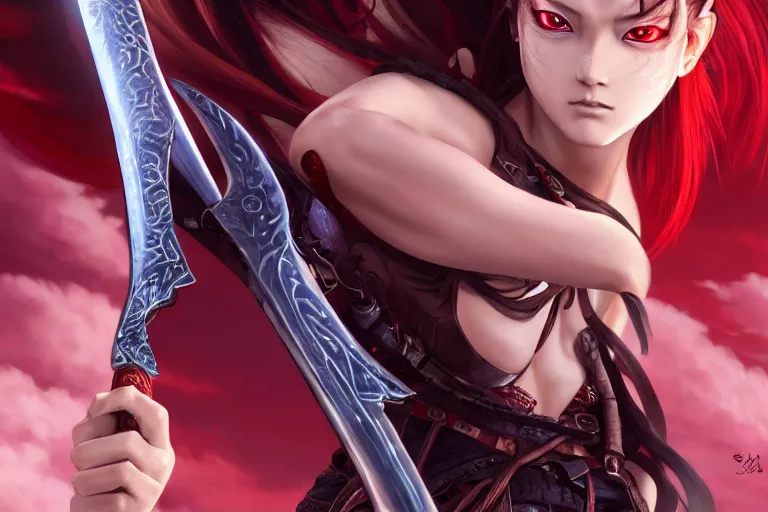 Image similar to beautiful girl holding a ego sword with red eye imprint at the top of clouds, extremely detailed and beautiful aesthetic face, seductive pose, super detailed eyes, highly detailed, digital painting, highlight scene of the movie, smooth, illustration, unreal engine 5, 8 k, art by hiroaki samura and jiro matsumoto and yusuke murata