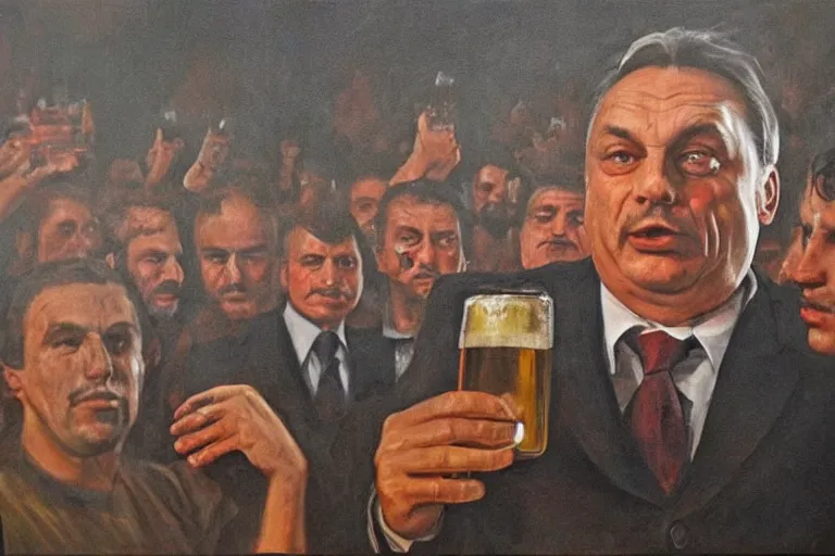 Image similar to viktor orban drinking beer and cheering at the apocalyse in front a burning city, highly detailed eyes, oil on canvas