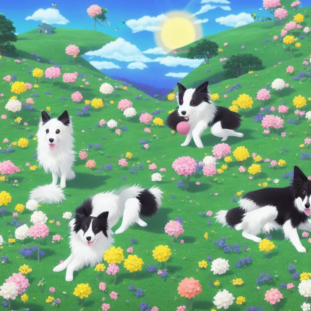 Prompt: a sweet border collie pokemon in a beautiful landscape. chiho aoshima. very cute. beautiful. digital render.