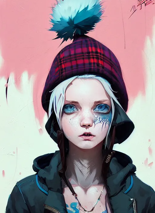 Image similar to highly detailed portrait of a sewer punk lady student, blue eyes, tartan hoody, hat, white hair by atey ghailan, by greg rutkowski, by greg tocchini, by james gilleard, by joe fenton, by kaethe butcher, gradient pink, black, brown and light blue color scheme, grunge aesthetic!!! ( ( graffiti tag wall background ) )