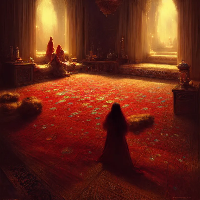 Image similar to magic fluffy Persian carpet dimension, by Greg Rutkowski and Gaston Bussiere, dim lighting, beautiful volumetric-lighting-style atmosphere, surreal atmosphere, intricate, detailed, photorealistic imagery, artstation