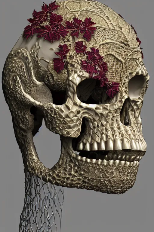 Image similar to complex 3d render ult ra detailed of a porcelain skull and serpent spine, 150 mm, accent lighting, beautiful studio soft light, rim light, silver gold red details, luxurious, big filigran ultra detailed leaves and stems, Alexander Mcqueen, haute couture, fine foliage lace, mesh wire, filigran intricate details, hyper realistic, mandelbrot fractal, anatomical, silver metal armor, facial muscles, cable wires, microchip, elegant, white background, beautiful white teeth, beautiful lips, octane render, H.R. Giger style, 8k