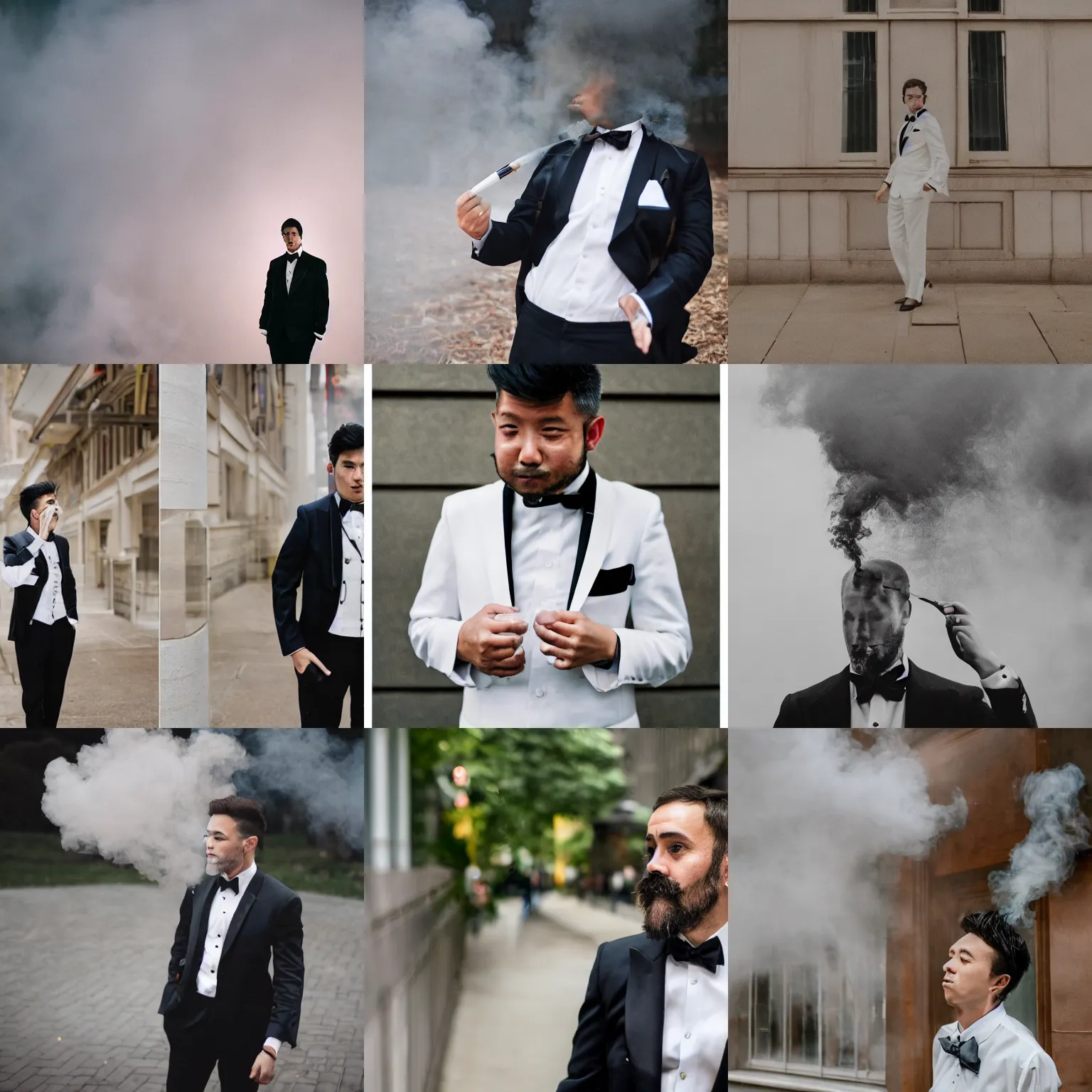 Prompt: Man wearing tuxedo inside smoke, Canon EOS R3, f/1.4, ISO 200, 1/160s, 8K, RAW, unedited