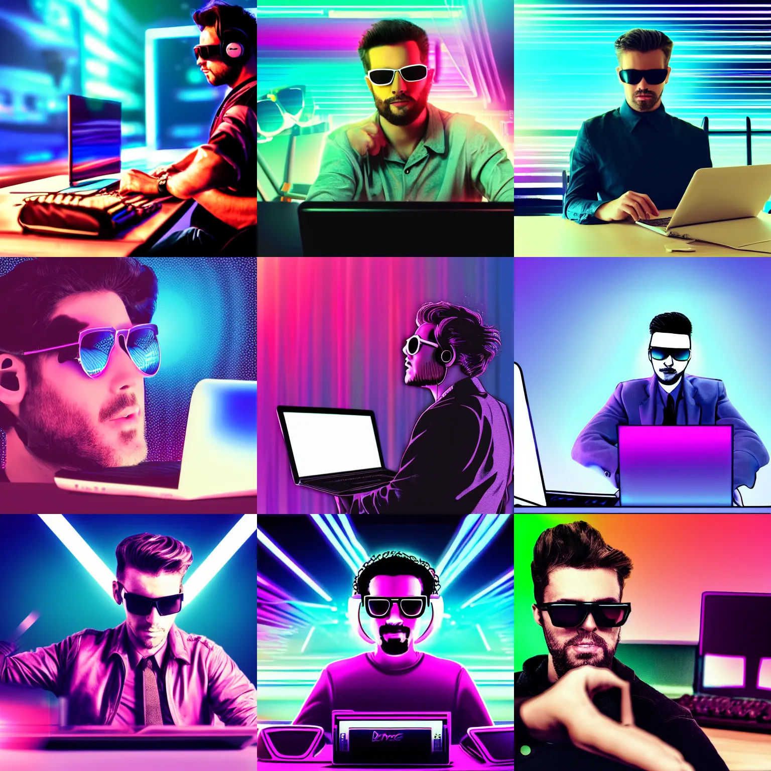 Prompt: man typing on computer with sunglasses, synthwave background, exploitable image