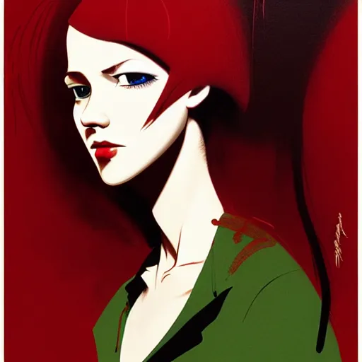 Image similar to portrait of an attractive tomboy woman with long crimson red hair and red eyes wearing a brown open jacket and green jeans with a stern look, album art, boards of canada, retro, by ross draws, by tomine, by satoshi kon, by rolf armstrong, by peter andrew jones, beksinski