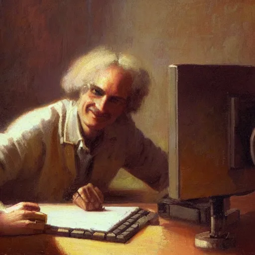 Prompt: portrait of isaac newton bulding a computer, artwork by gaston bussiere, craig mullins, trending on artstation