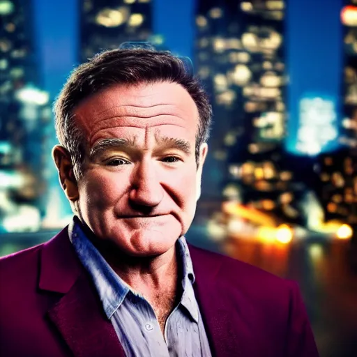 Image similar to a still of Robin Williams. Shallow depth of field. City at night in background, lights, colors ,studio lighting, mood, 4K. Profession photography