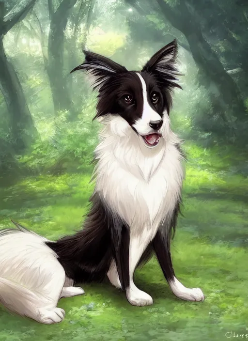 Image similar to wide angle beautiful full body portrait of a cute male anthropomorphic anthro border collie fursona in a park, character design by charlie bowater, henry asencio, and ross tran, disney, anime, scenic background, detailed, glamor pose, aesthetic, trending on artstation, furaffinity, deviantart