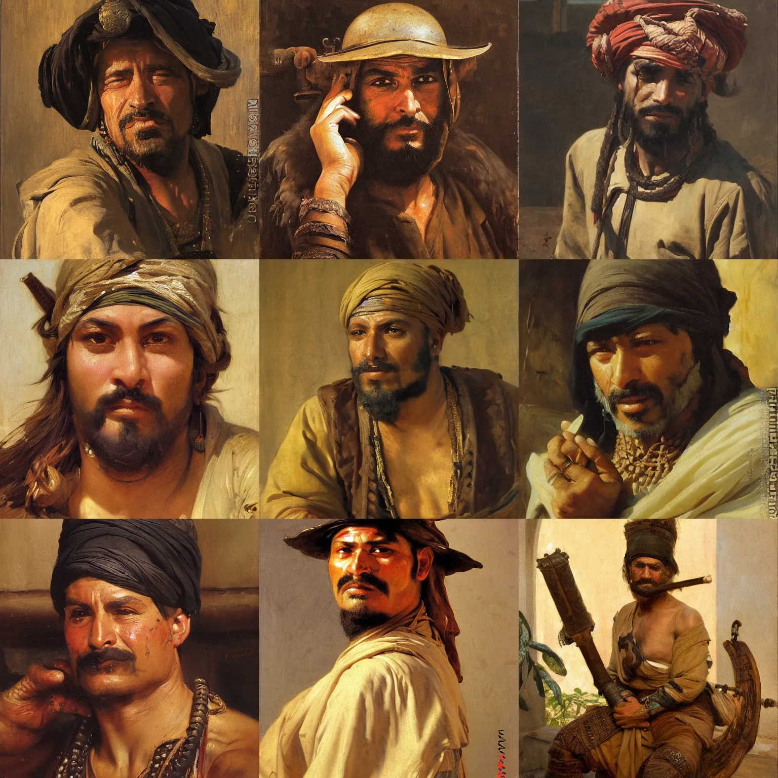 Prompt: orientalism painting of a bandit with a swollen face detail by theodore ralli and nasreddine dinet and anders zorn and edwin longsden long, bronze age, sword and sorcery, oil on canvas, masterful intricate artwork, excellent lighting, high detail 8 k