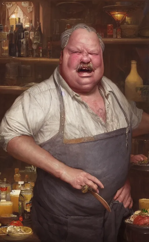 Image similar to portrait of an old fat fantasy tavern owner with dirty apron by Edgar Maxence and Ross Tran and Michael Whelan, 8k, octane render