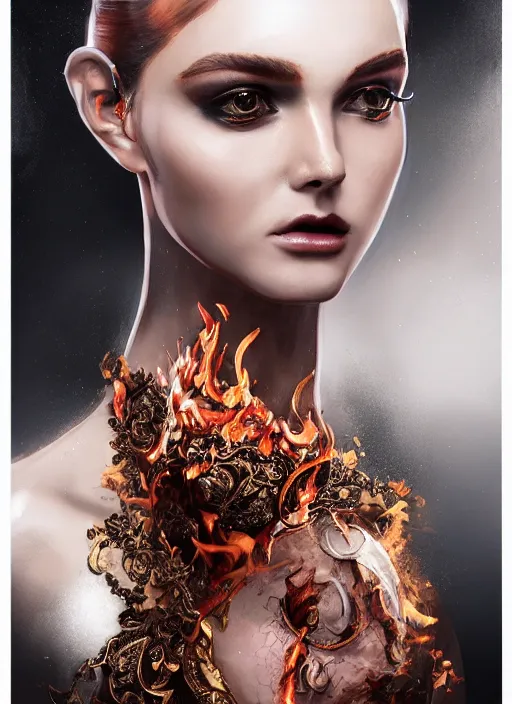 Image similar to 3d fashion portrait with fire, female, future, torch, flame, harper's bazaar, vogue, fashion magazine, intricate, concept art, close up, ornate, luxury, elite, elegant, trending on artstation, by ruan jia, by Kenneth Willardt, by ross tran, by WLOP, by Andrei Riabovitchev,