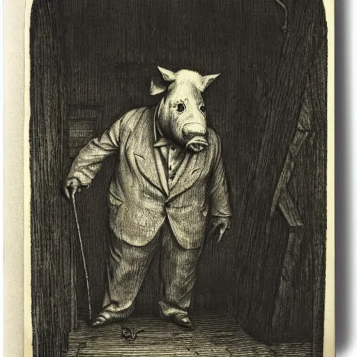 Image similar to a pig in a tuxedo, creepy atmosphere, dark, portrait, realistic, very realistic, illustration by Gustave Doré