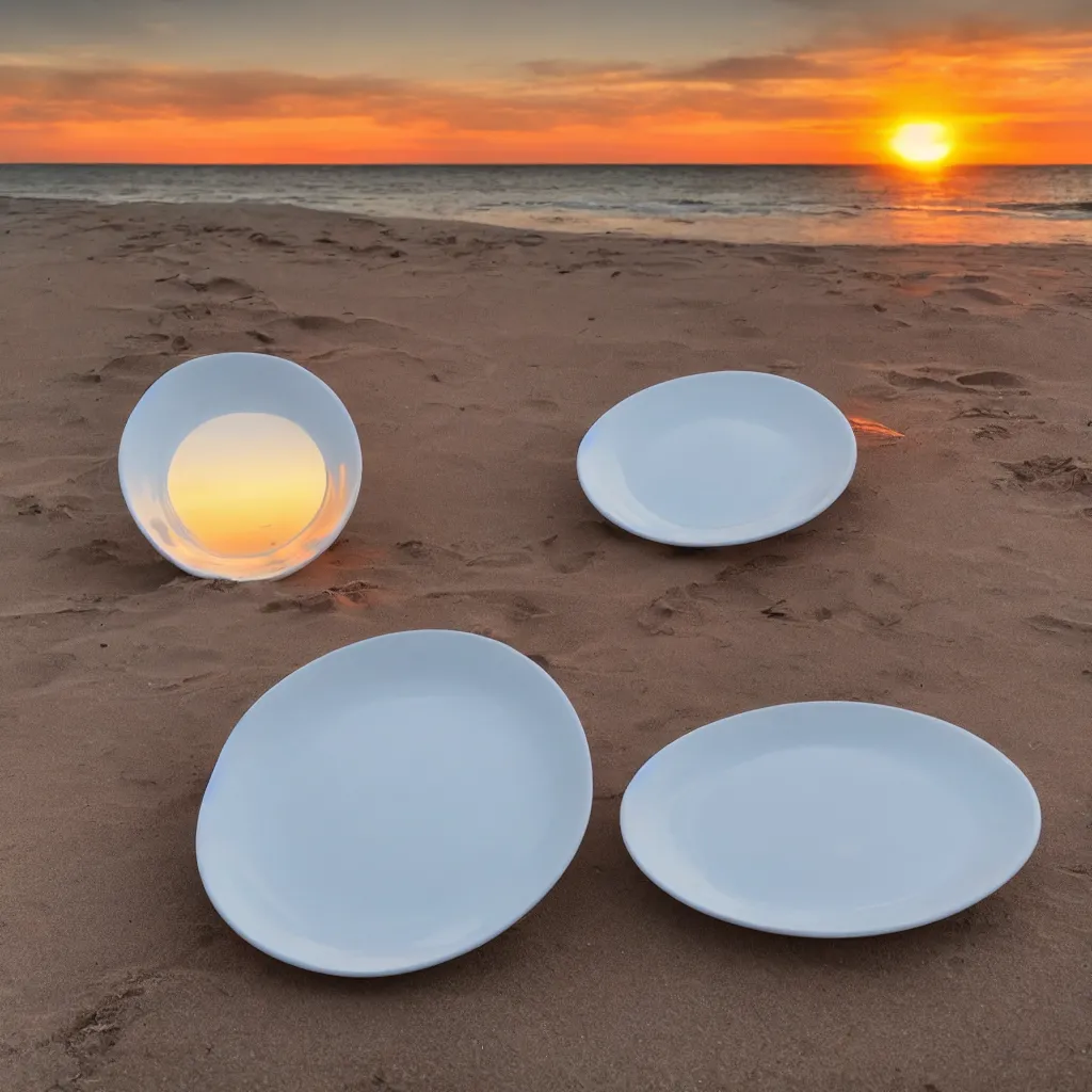 Image similar to professional photo of empty white dish in the middle over a table with a sunset on the beach in the background