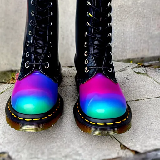 Image similar to a black leather dr martens boot with rainbow laces