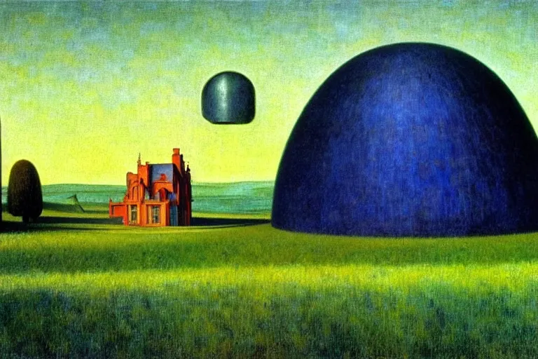 Image similar to realistic detailed landscape painting a single edward hopper house in a plain field, single ufo in the sky, futuristic sci-fi forest on background by Jean Delville, Amano, Yves Tanguy, Alphonse Mucha, Ernst Haeckel, Edward Robert Hughes, Roger Dean, rich moody colours, blue eyes