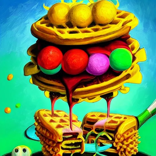 Prompt: a tennis ball monsters eating waffles, colorful, digital art, fantasy, magic, chalk, trending on artstation, ultra detailed, professional illustration by basil gogos