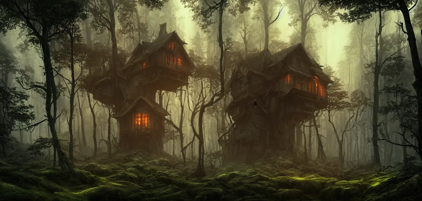 Image similar to random scary forest house landscape, incredible, vector art, octane render, fabulous, hyper detailed, random cinematic view, no noise, global illumination, warm lighting, volumetric, godrays, vivid, beautiful, by jordan grimmer