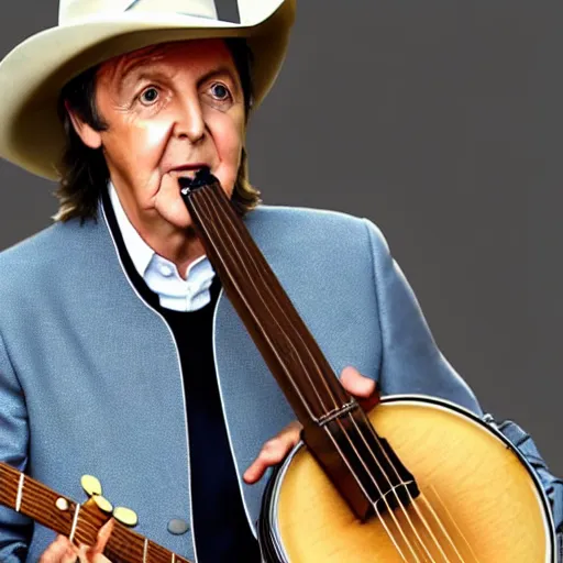 Prompt: Paul McCartney wearing a cowboy hat and playing the banjo! 8k, high definition, highly detailed, photo-realistic