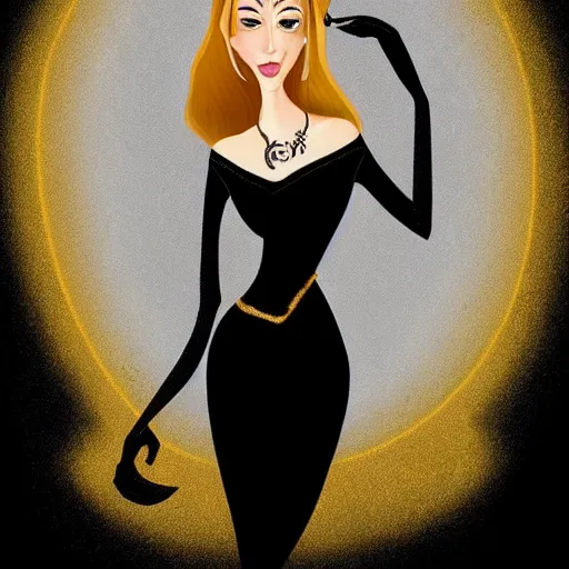 Prompt: portrait of a beautiful female witch in black and golden dress , digital painting , digital art , pixar style , Disney , instagram , trending on artstation