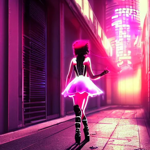 Prompt: cyberpunk ballerina assassin, in dark alley, cityscape, neon lights, dramatic lighting, 8k, photorealistic ultra realistic