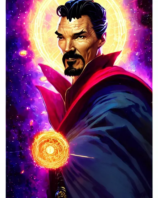 Prompt: a character portrait of dr. strange with glow, surrounded with spiriling sparkling flash crystals and galaxies, by jesper ejsing, aleksi briclot, hyper light drifter, by ilya kuvshinov katsuhiro, jim burns, ed emshwiller, greg rutkowski, trending on artstation