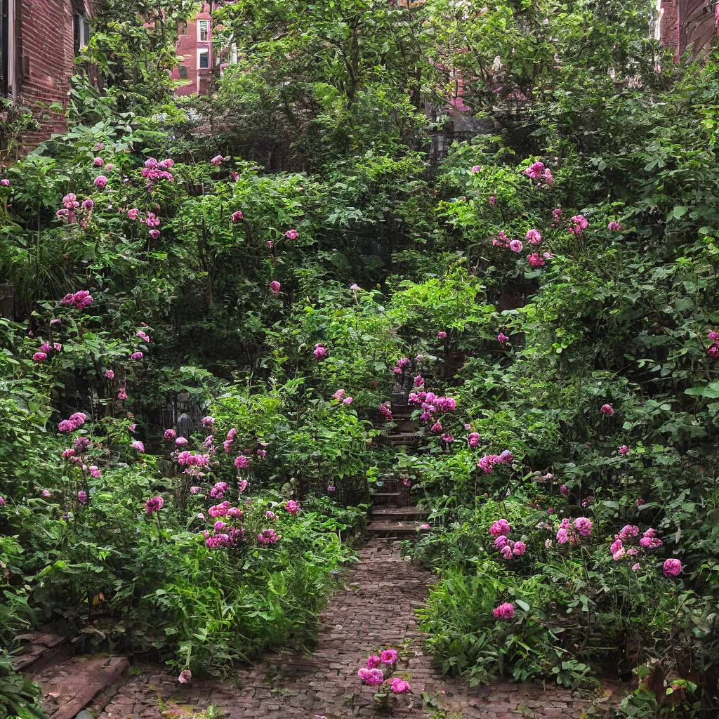 Prompt: between two 1 9 th - century brooklyn brownstone buildings, a surreal small twilight creek - garden, rose - brambles, lambent - birds, mystery - magic, serene overcast atmosphere, midnight