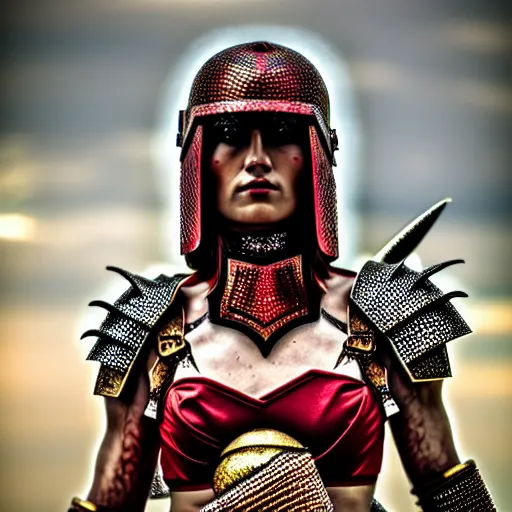 Prompt: photo of a real-life beautiful female warrior with ruby encrusted armour