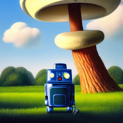 Prompt: painting depicting a robot resting under a large mushroom, a friendly robot, highly detailed, in the style of rene magritte, cheval, octane render, unreal engine, trending on artstation