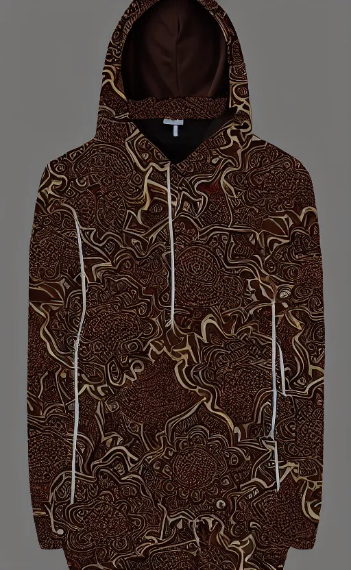 Image similar to batik hoodie pattern, dark brown, trendsetter, fashion of the year, fiction, stability, intricate, elegant, 8 k, uhd, justify, artstation, concept art, matte, sharp focus, illustration, consistent, highly detailed object content, proportional object content