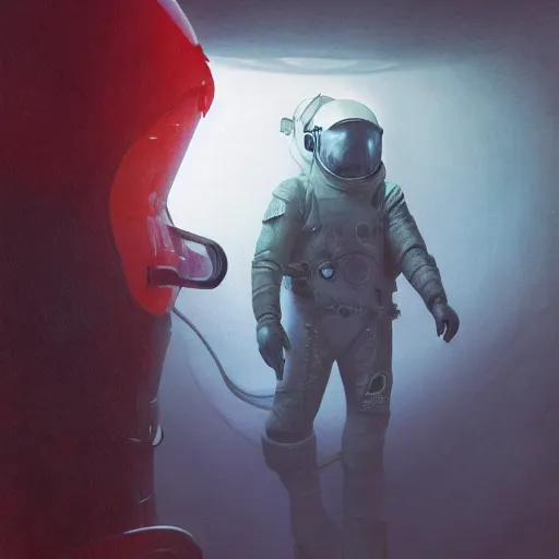 Prompt: concept art by craig mullins diver astronaut in underwater futuristic dark and empty spaceship. infrared complex and hyperdetailed technical suit design. helmet with a red visor. reflection and dispersion materials rays and dispersion of light breaking through the deep water. 5 0 mm, f / 3 2. noise film photo. flash photography. trend artstation