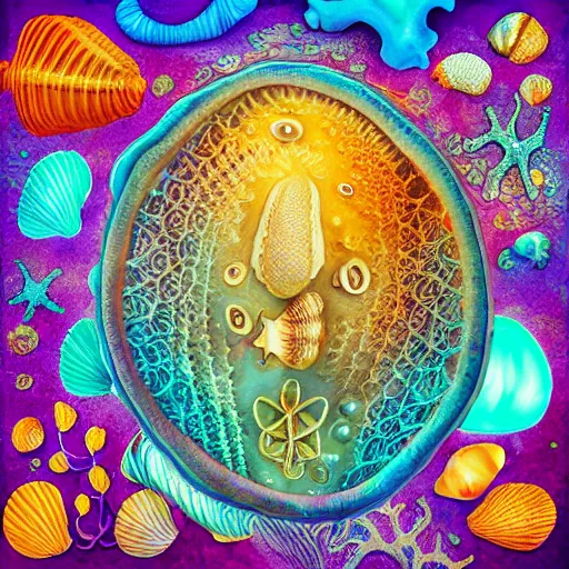 Image similar to underwater Corral Reef, seashells, ocean, Abstract, sacred geometry fungi, seahorse, high detail, photorealistic, surrealism, Flower of life