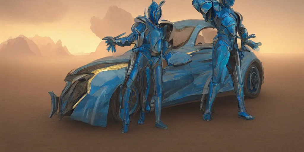 Prompt: blue and gold knight in desert standing next to green car, misty blue hour, sci fi digital painting, unreal engine 5, photorealism, hd quality, 8 k resolution, cinema 4 d, 3 d, cinematic, professional photography, art by artgerm and greg rutkowski and alphonse mucha and loish and wlop, berserk, manga