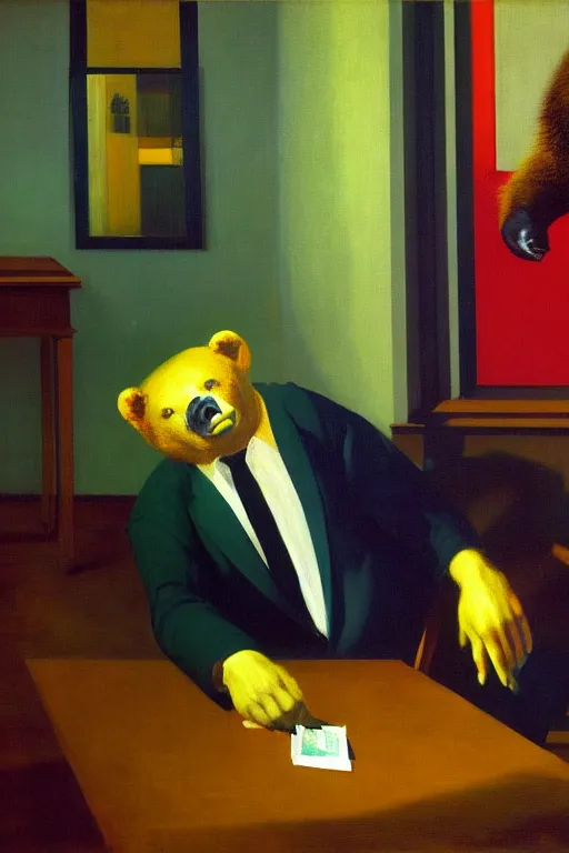 Image similar to man in business costume, a bear in business costume, business negotiations process, hauntingly surreal, highly detailed painting by francis bacon, edward hopper, adrian ghenie, gerhard richter, and james jean soft light 4 k,