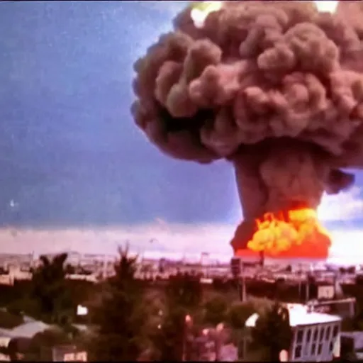 Image similar to nuclear explosion, mushroom cloud, 2 4 0 p full color grainy footage, 2 0 0 6 youtube video, shockwave destroyed buildings, helicopter footage over city, fleeing crowds of people — ar 4 : 3