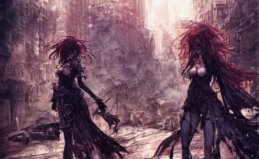 Image similar to goth woman in front of city, color page, tankoban, 4 k, tone mapping, akihiko yoshida, james jean andrei riabovitchev marc simonetti, yoshitaka amano, long hair, curly, h. hydrochaeri