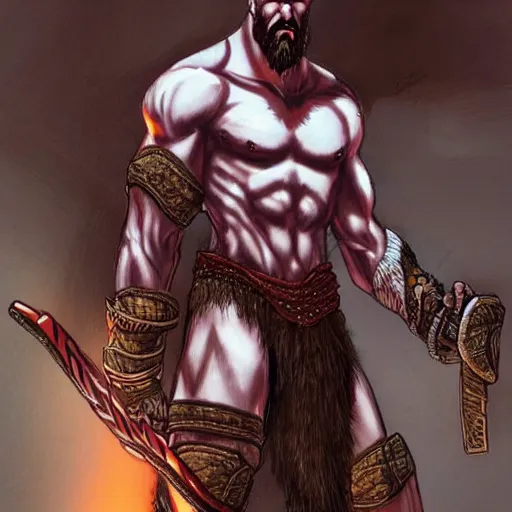 Prompt: concept art kratos the god of war wearing fishnet stockings outside of a biker bar