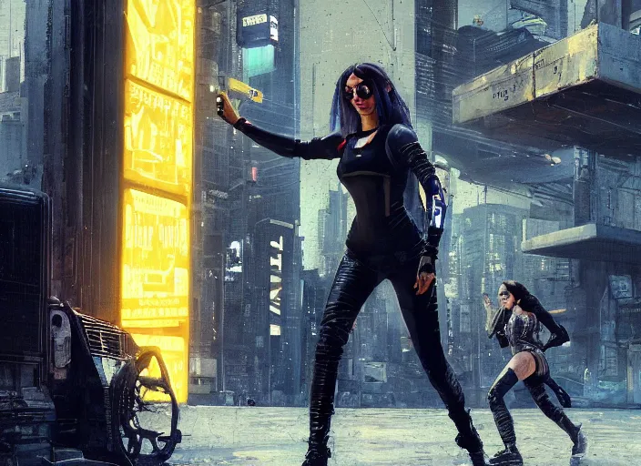 Prompt: Maria evades sgt Nash. Cyberpunk hacker wearing yellow escapes police troopers (blade runner 2049, cyberpunk 2077). beautiful face. Free running. Orientalist portrait by john william waterhouse and James Gurney and Theodore Ralli and Nasreddine Dinet, oil on canvas. Cinematic, hyper realism, realistic proportions, dramatic lighting, high detail 4k