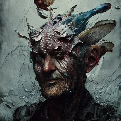 Image similar to mutant fishman sailor old man with gills and scales creatures from the deep ocean by emil melmoth zdzislaw beksinki craig mullins yoji shinkawa realistic render ominous detailed photo atmospheric by jeremy mann francis bacon and agnes cecile ink drips paint smears digital glitches glitchart