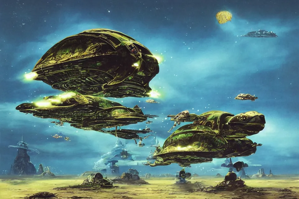 Image similar to an epic chris foss painting of a biological turtle spaceship.