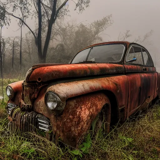 Image similar to apocalyptic, ruined town, abandoned streets, littered, decrepit homes and sheds on the side of the road, slowly being reclaimed by nature. rusted vintage cars. fog, dew, rain, volumetric lighting, beautiful, summer morning dew, sharp focus, ultra detailed, cgsociety - w 1 0 2 4 - n 8 - i