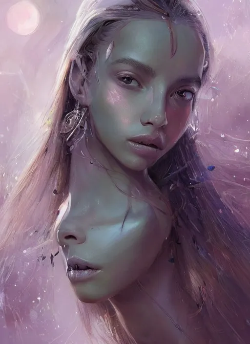 Image similar to a professional painting of a beautiful young female alien, clothed in ethereal armor, olive skin, long dark hair, beautiful bone structure, symmetrical facial features, intricate, elegant, digital painting, concept art, smooth, sharp focus, illustration, from Valerian and the City of a Thousand Planets, by Ruan Jia and Mandy Jurgens and Artgerm and William-Adolphe Bouguerea