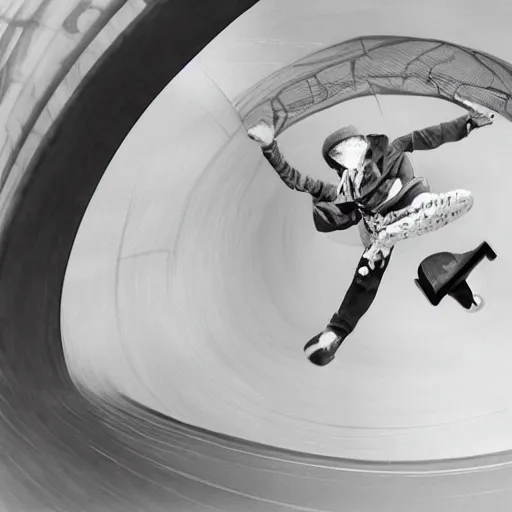 Image similar to award winning close up, black and white only, photo of, Tony Hawk, skateboarding, doing the loop, in the 1986 vert contest, by J. Grant Brittain, Atiba Jefferson, C. R. Stecyk III, fisheye lens, detailed faces, detailed skateboard, 8k, sharp image, balanced composition