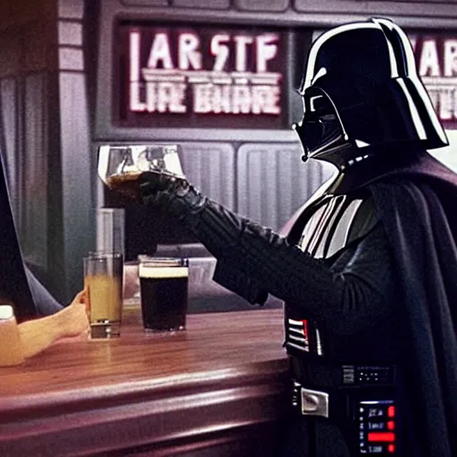 Prompt: Darth Vader drinking at the bar with The Justice league