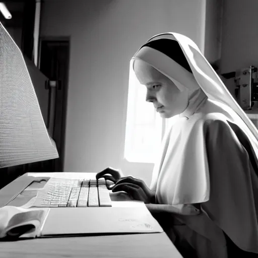 Prompt: award - winning photograph of a nun hunched over a computer while she hacks into the mainframe. the nun's face is beautiful and detailed