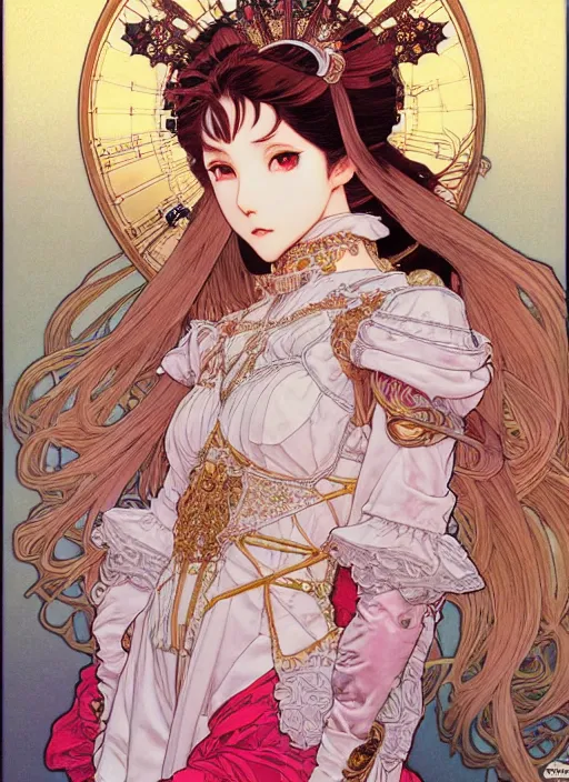 Image similar to highly detailed artgerm artstation minaba hideo fantastic fate katsuhiro otomo manga poster of dressed princess mechine, minaba hideo, alphonse mucha, long hair, armor, laces, ruffles, 8 k, fluorescent, maximalist, jump comics, art nouveau, takato yamamoto