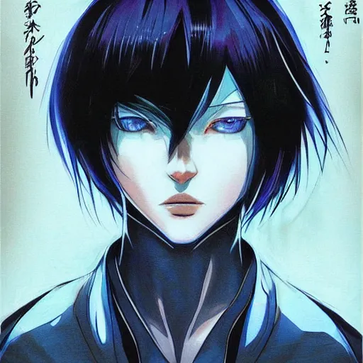 Image similar to « portrait, attractive, blue eyes, black hair, middle length hair, ghost in the shell, front view, kj, manga »