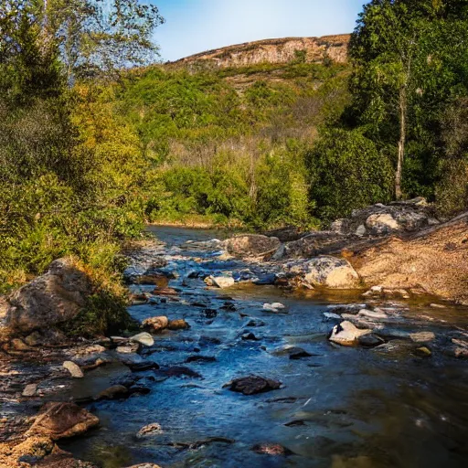 Image similar to a beautiful landscape, river, rocks, trees, polygonal